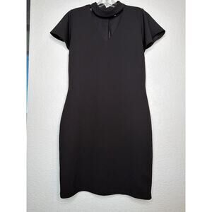 Almost Famous Black Mini Dress Collar Neck Stretchy Back Zip LG